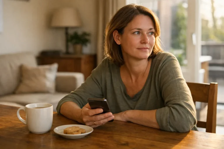 Person an einem Holztisch, die kurz von einem Smartphone aufblickt, daneben eine Tasse Tee.