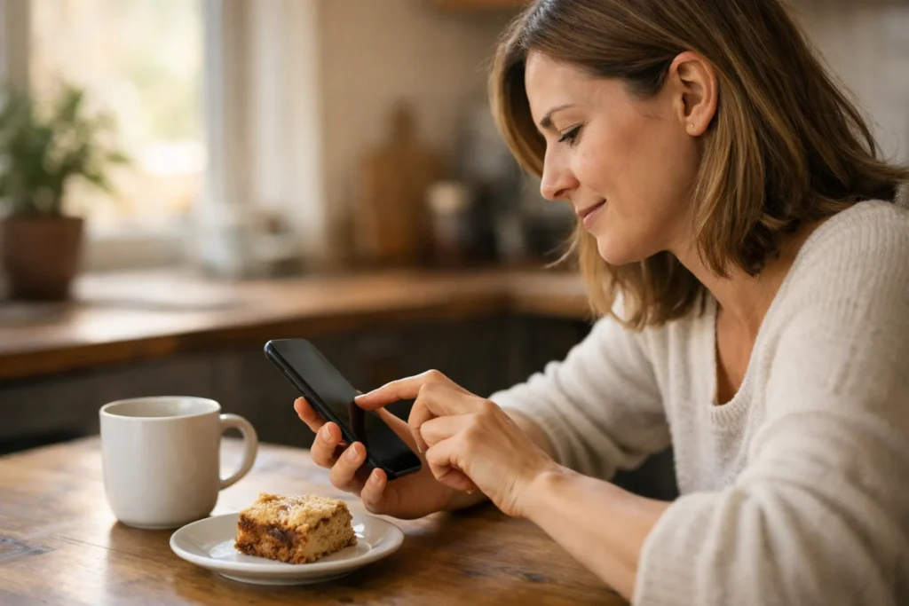 Person am Küchentisch, die auf ein Smartphone tippt, um eine Story zu liken.
