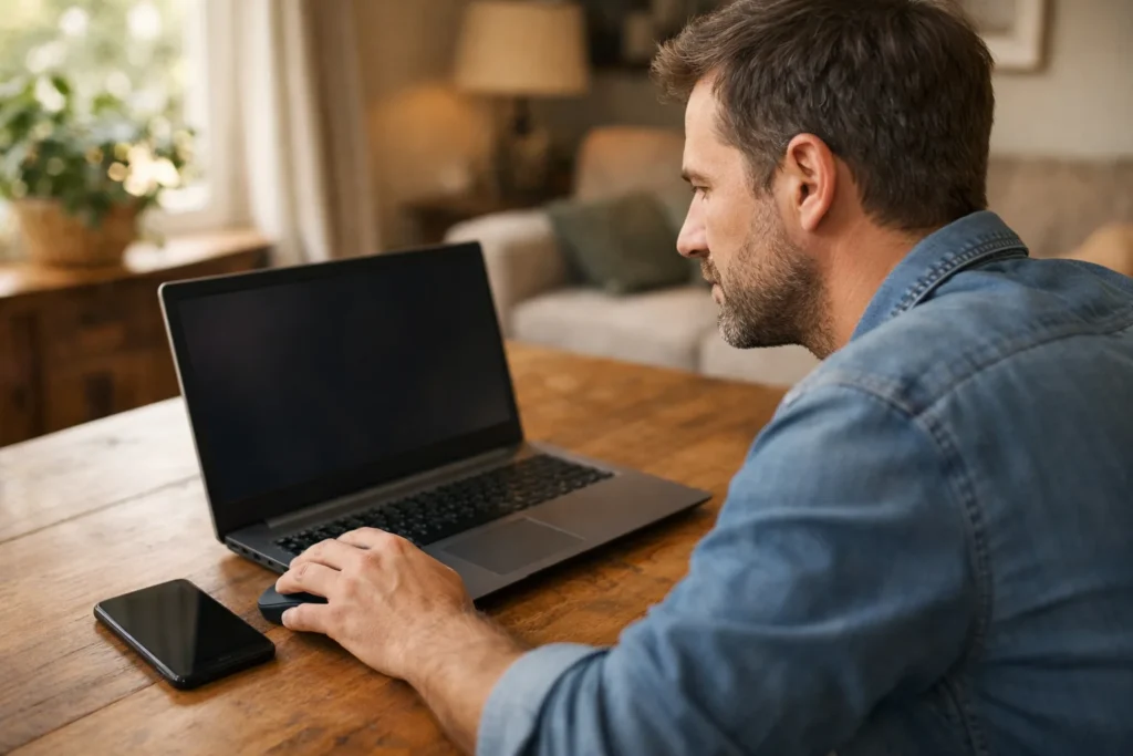 Eine Person sieht sich zu Hause einen Laptop an, eine Hand auf der Maus und ein Telefon daneben.