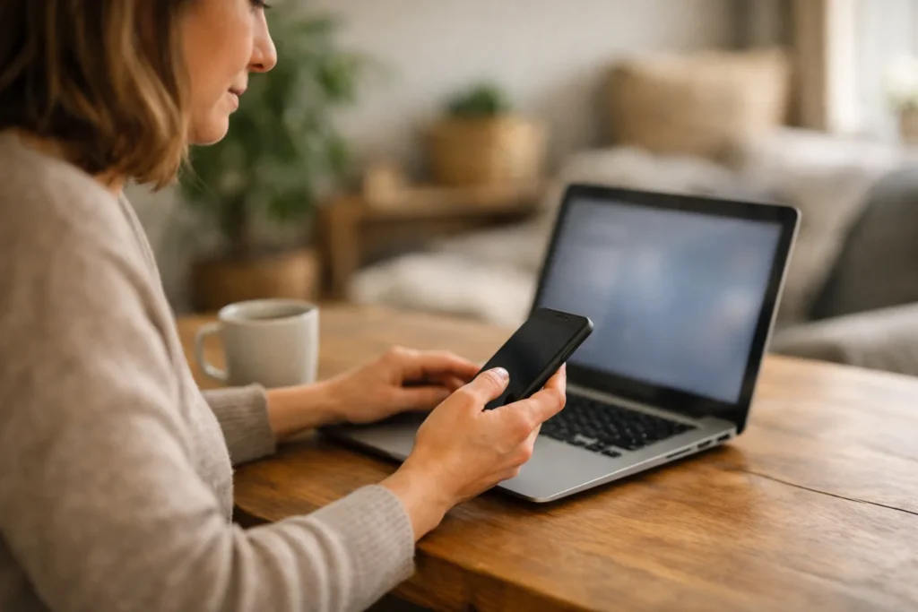 Person betrachtet am Esstisch ein Smartphone und einen Laptop, um Social Media Konten zu verbinden.