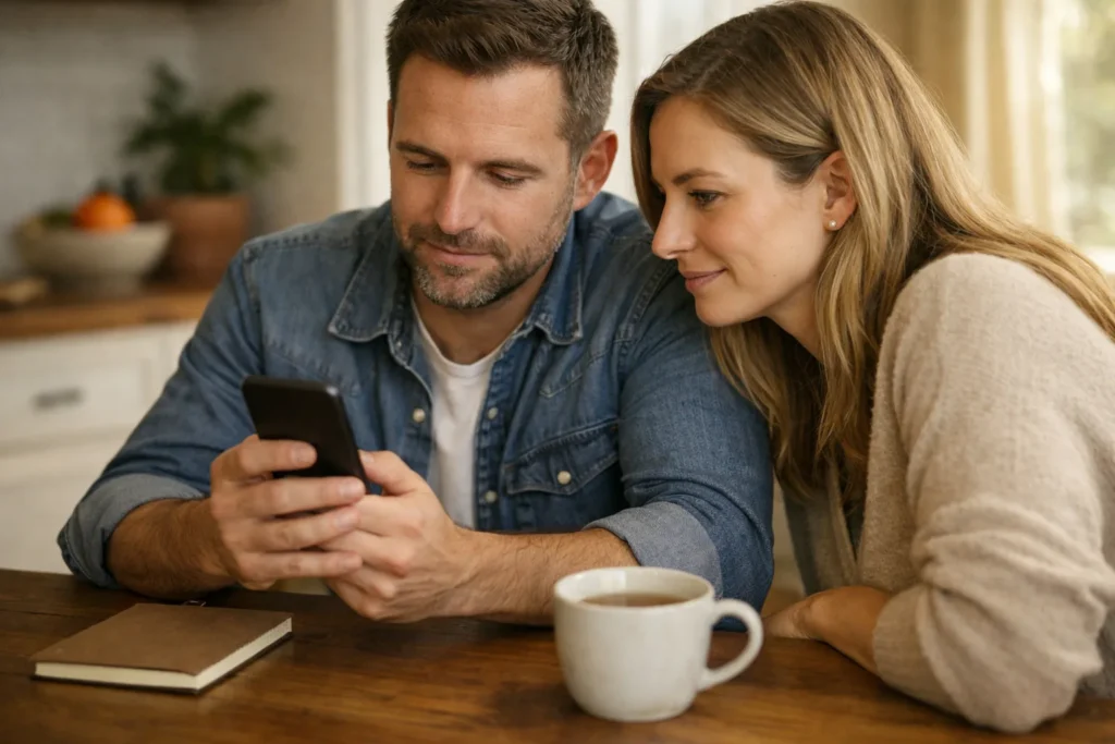 Zwei Personen betrachten gemeinsam am Küchentisch ein Smartphone, um eine Profilverknüpfung zu überprüfen.