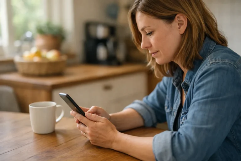Person überprüft an einem Küchentisch die Privatsphäre eines Facebook Profils auf einem Smartphone.
