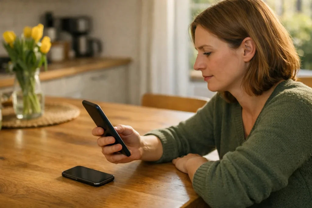 Person überprüft am Küchentisch ein neues Telefon mit dem alten Telefon daneben.