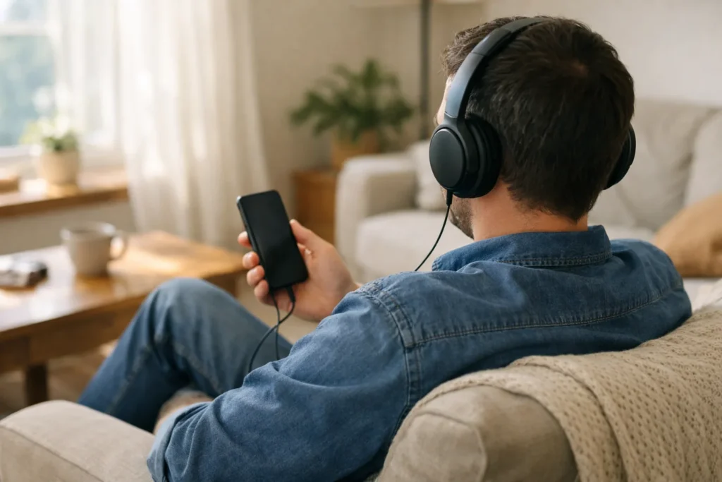 Person mit Kopfhörern hört am Küchentisch Musik zu einem Video auf einem Telefon.