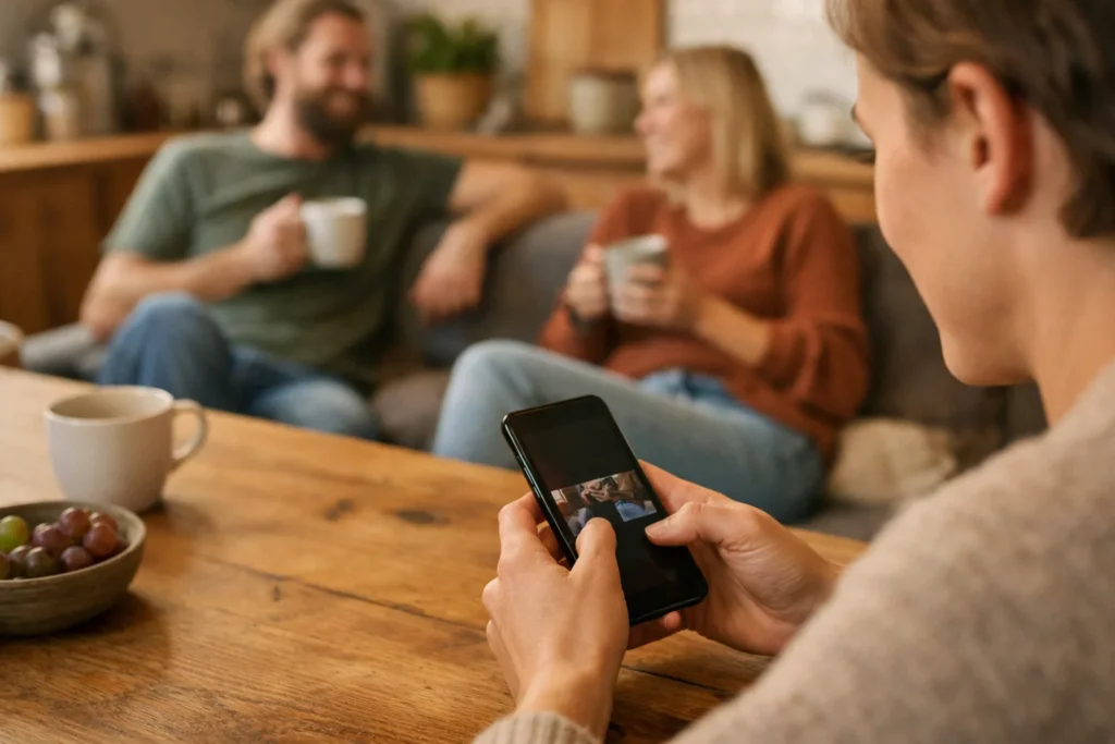 Jemand nutzt am Küchentisch ein Smartphone, während sich zwei Freunde im Hintergrund befinden.