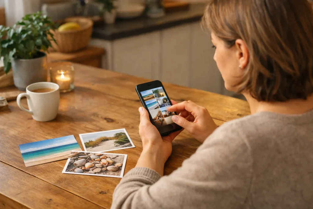 Person mit einem Smartphone und Strandfotos am Tisch beim Erstellen einer Collage für eine Instagram Story.