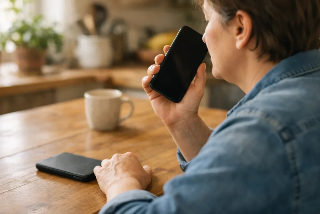 Eine Person hört zu Hause ein Soundfragment auf dem Telefon, um einen Klingelton auszuwählen.
