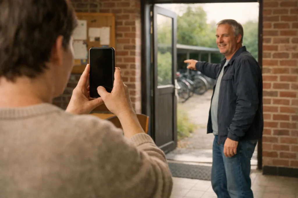 Jemand filmt mit einem Smartphone, wie man zu den Fahrradständern hinter einem Vereinsheim gelangt.