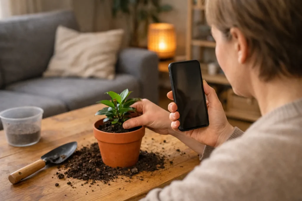 Jemand filmt mit einem Smartphone, wie eine Zimmerpflanze für ein Instagram Video umgetopft wird.