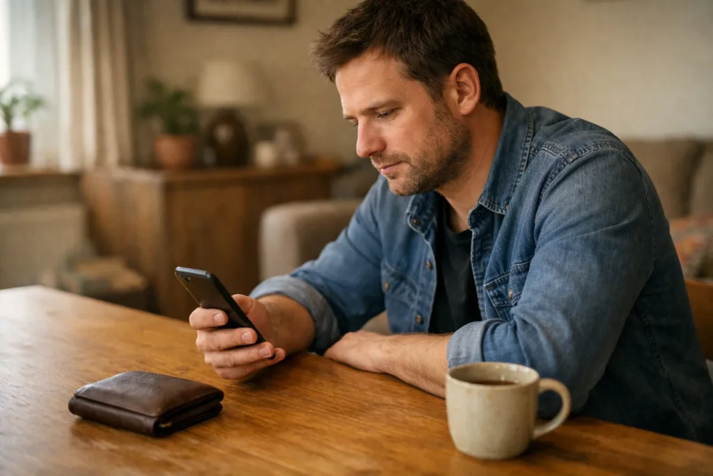 Person an einem Holztisch im Wohnzimmer, die aufmerksam auf ein Smartphone schaut.