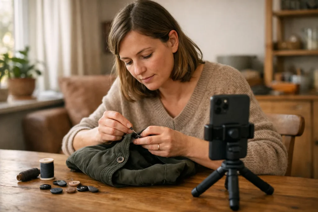 Person erklärt über ein Smartphone live, wie man einen Knopf an einer Jacke annäht.