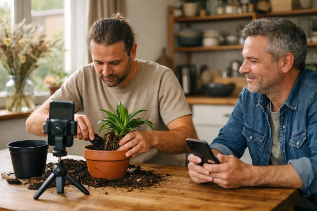 Jemand topft während eines Livestreams eine Pflanze um, während eine Hilfsperson auf einem Smartphone mitliest.