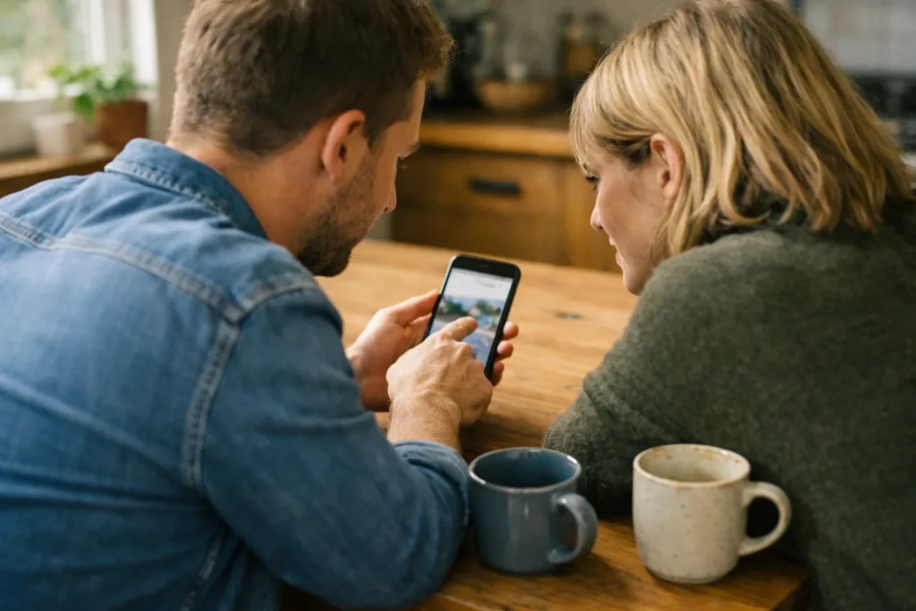 Zwei Freunde betrachten gemeinsam ein Smartphone am Küchentisch.