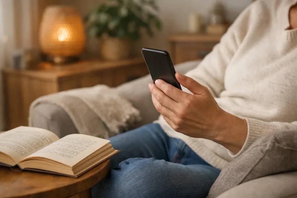 Person auf dem Sofa, die mit der Lautstärketaste den Ton eines Smartphones leiser stellt.