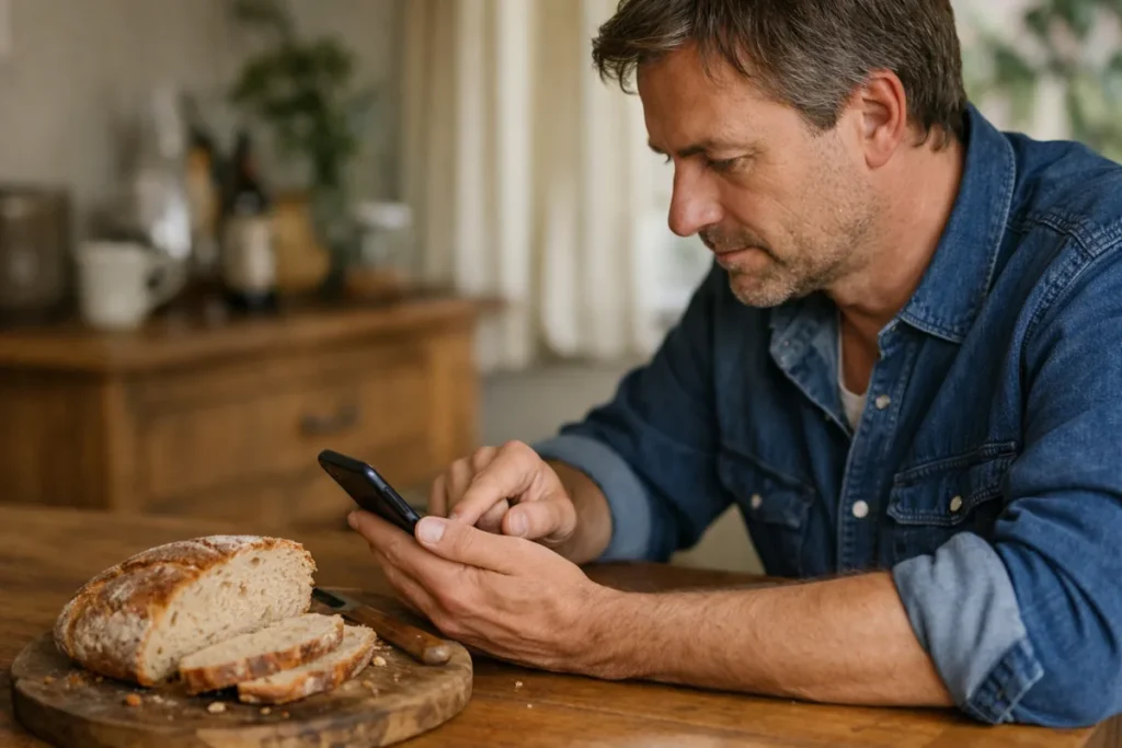 Person betrachtet am Küchentisch ein Smartphone; auf dem Tisch liegt selbst gebackenes Brot.