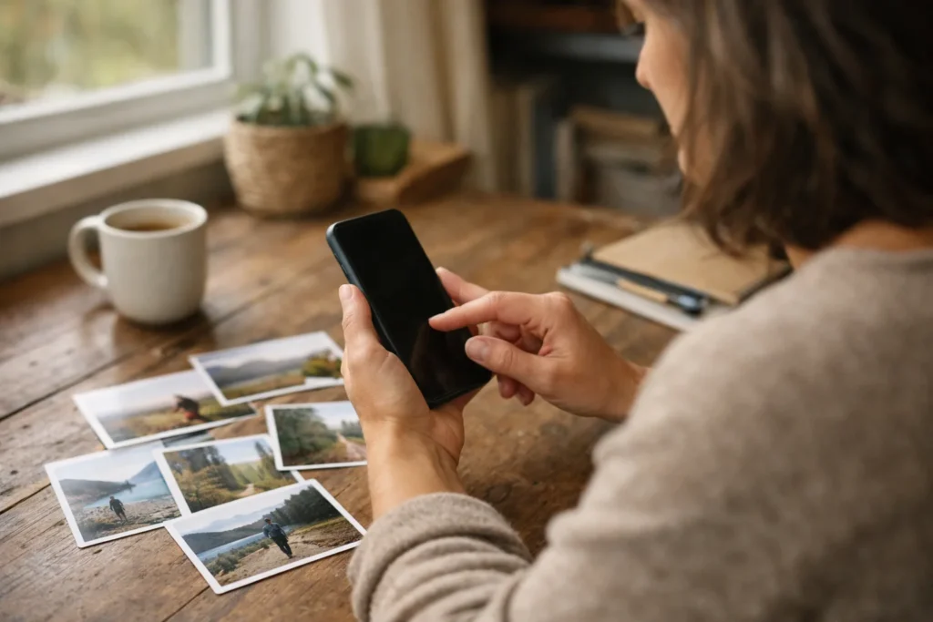 Person betrachtet an einem Tisch ein Smartphone, um ein Foto für das eigene Instagram Profil auszuwählen.