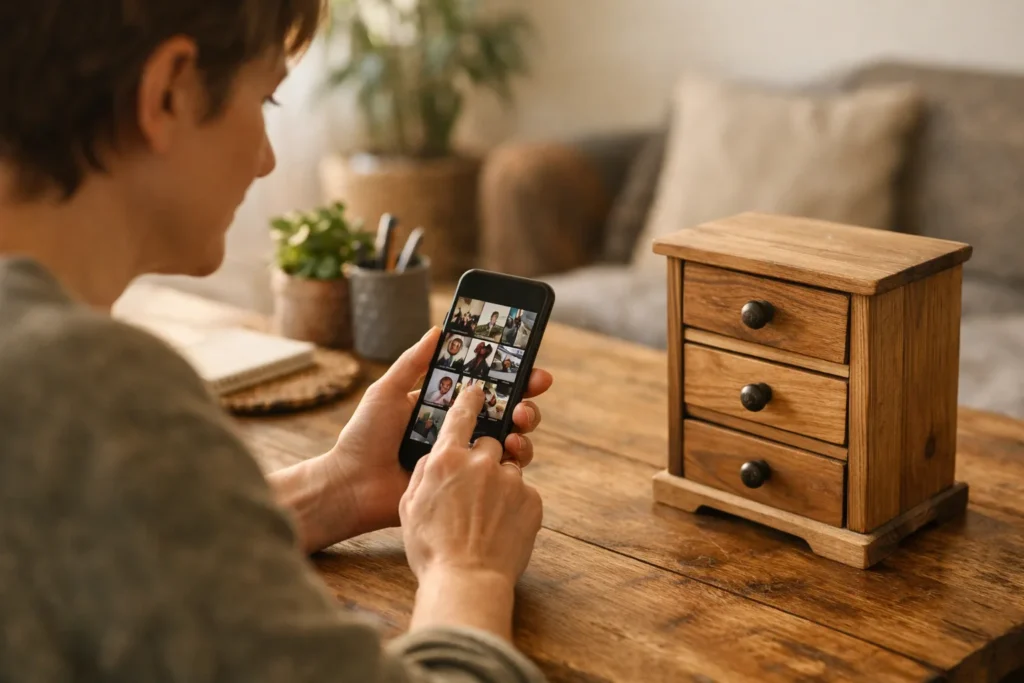 Person betrachtet an einem Tisch ein Smartphone, im Hintergrund steht ein selbst gebautes Holzschränkchen.