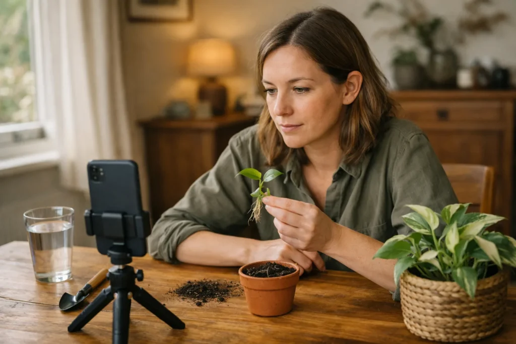 Person liest während einer Live Erklärung zur Pflanzenvermehrung eine Frage auf einem Smartphone.