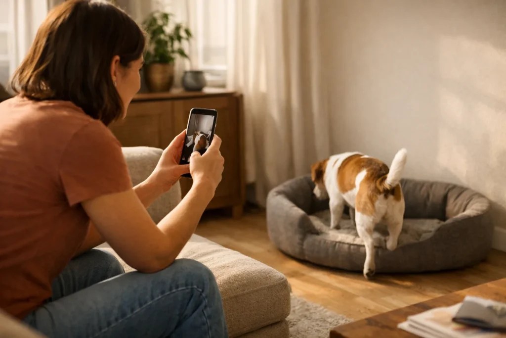 Person filmt mit einem Telefon einen Hund, der zu seinem Körbchen läuft, für eine Instagram Story.