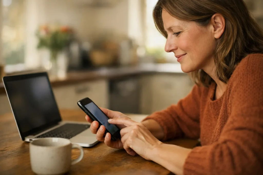 Person am Küchentisch, die mit einem Smartphone einen Link teilt, daneben ein Laptop.
