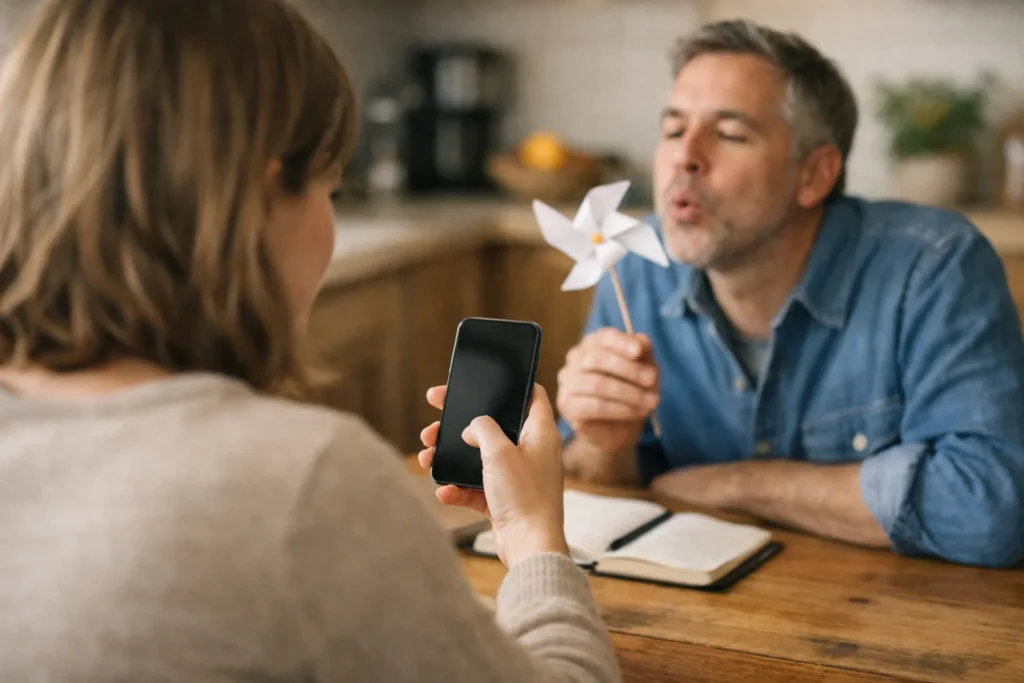 Jemand betrachtet an einem Küchentisch ein iPhone, während sich im Hintergrund ein Papierwindrad dreht.