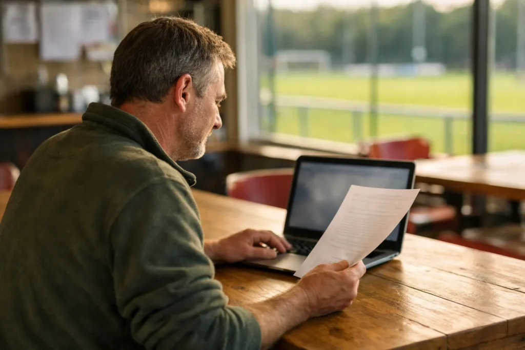 Freiwilliger Helfer an einem Tisch in einer Sportvereinsgaststätte betrachtet ein Dokument neben einem Laptop.