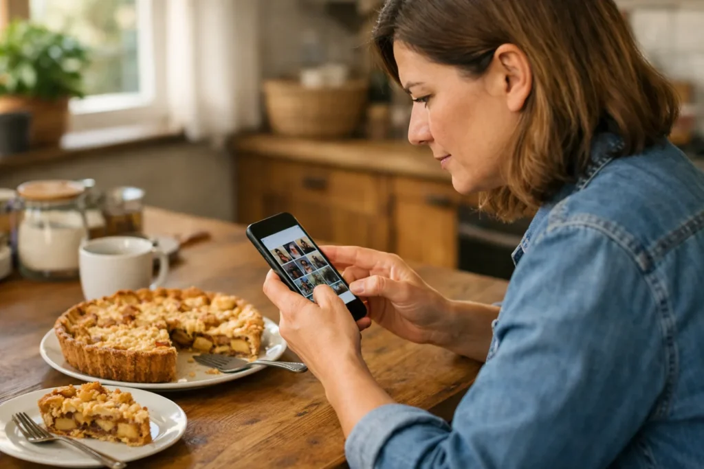 Person betrachtet am Küchentisch neben einem selbst gebackenen Apfelkuchen ein Foto auf einem Smartphone.