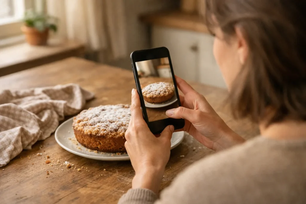Jemand filmt mit einem Smartphone einen selbst gebackenen Kuchen für eine TikTok Story.