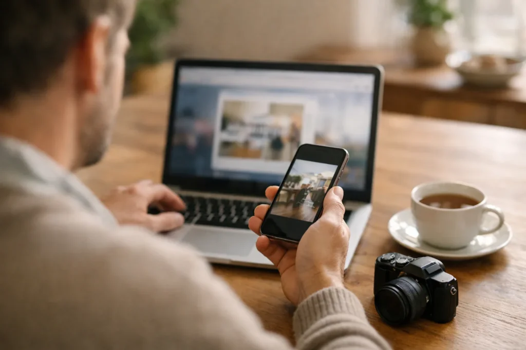 Jemand verwendet einen Laptop und ein Smartphone, um ein Foto für eine Instagram Story vorzubereiten.