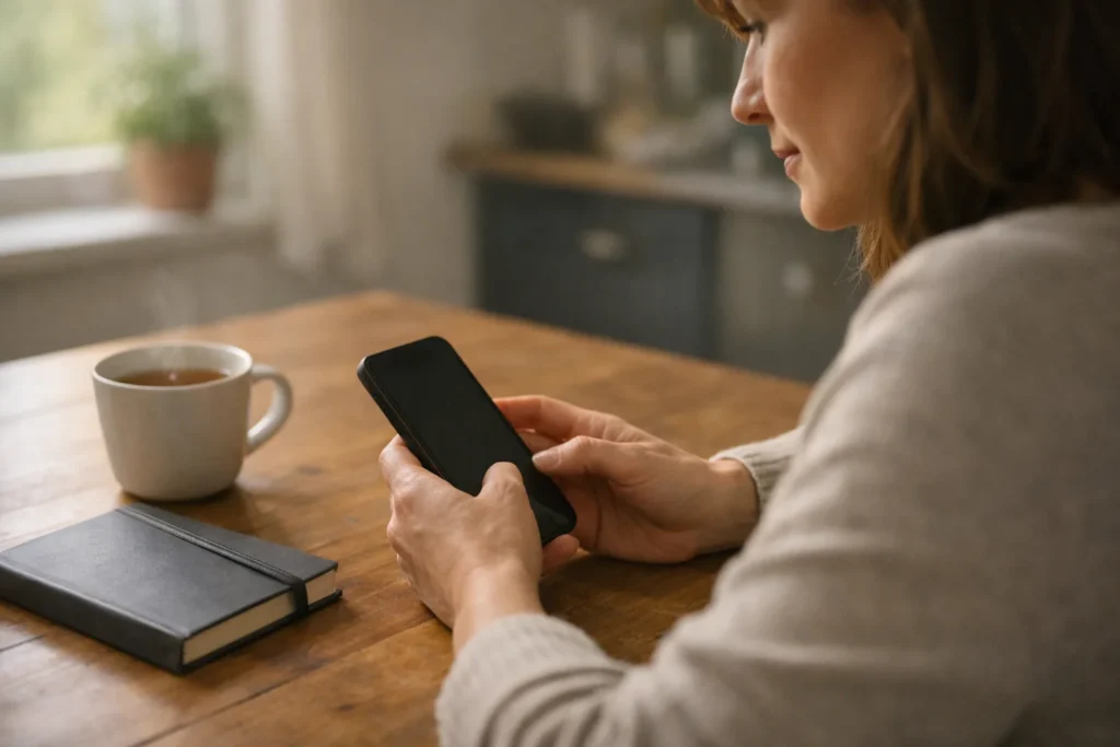 Person am Küchentisch, die auf einem Smartphone einen Beitrag vorbereitet