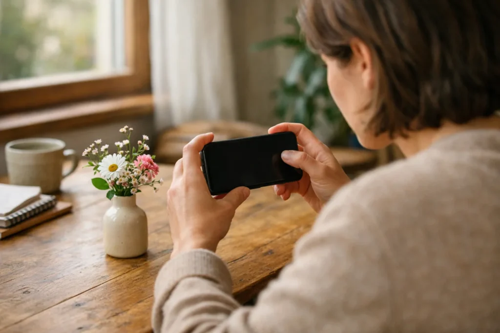 Jemand fotografiert bei natürlichem Tageslicht am Fenster Blumen mit einem Smartphone.