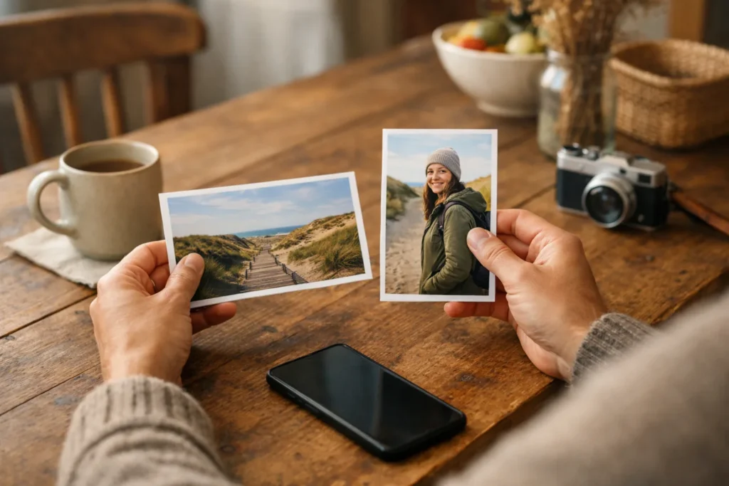 Jemand vergleicht ein Querformat Landschaftsfoto mit einem Hochformatporträt neben einem Smartphone.