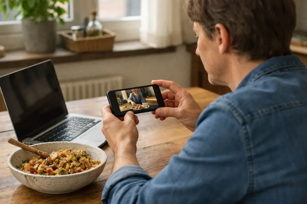 Jemand betrachtet am Küchentisch ein eigenes Kochvideo auf einem Smartphone.