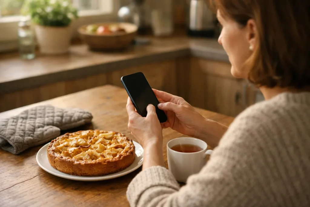 Jemand verwendet an einem Küchentisch neben einem selbst gebackenen Apfelkuchen ein Smartphone.