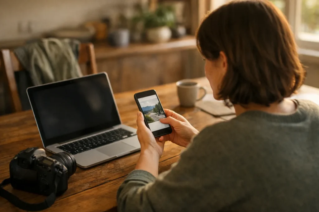 Person mit Smartphone und Laptop am Küchentisch, die ein Foto zum Teilen vorbereitet.
