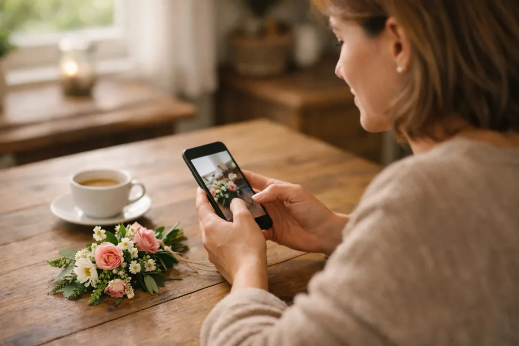Person an einem Küchentisch, die mit einem Smartphone ein Blumenfoto teilt.