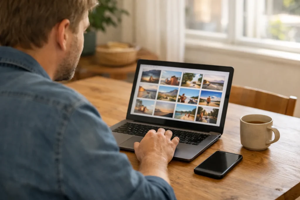 Person wählt am Esstisch ein Foto auf einem Laptop aus, um es auf Instagram zu posten.