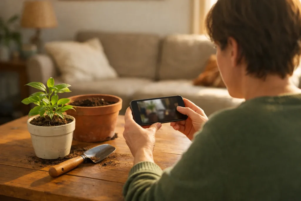 Eine Person sieht sich auf einem Smartphone ein Video vom Umtopfen einer Pflanze an, bevor es auf TikTok gepostet wird.