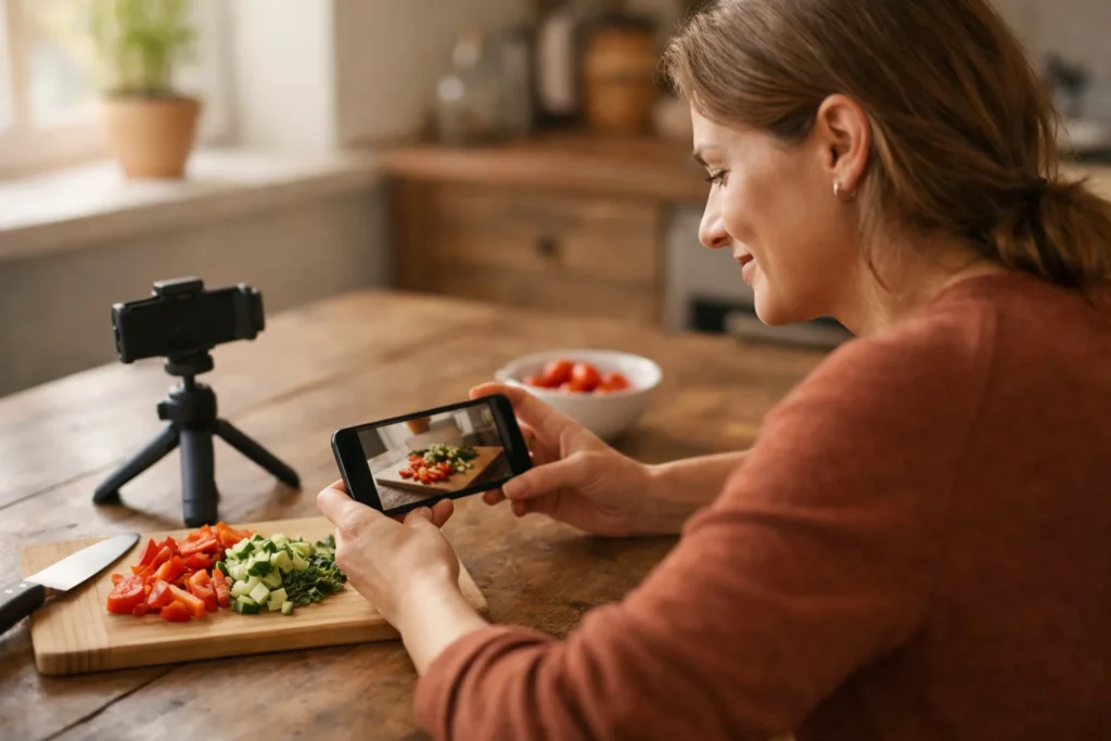 Person betrachtet an einem Küchentisch ein eigenes Kochvideo auf einem Smartphone.