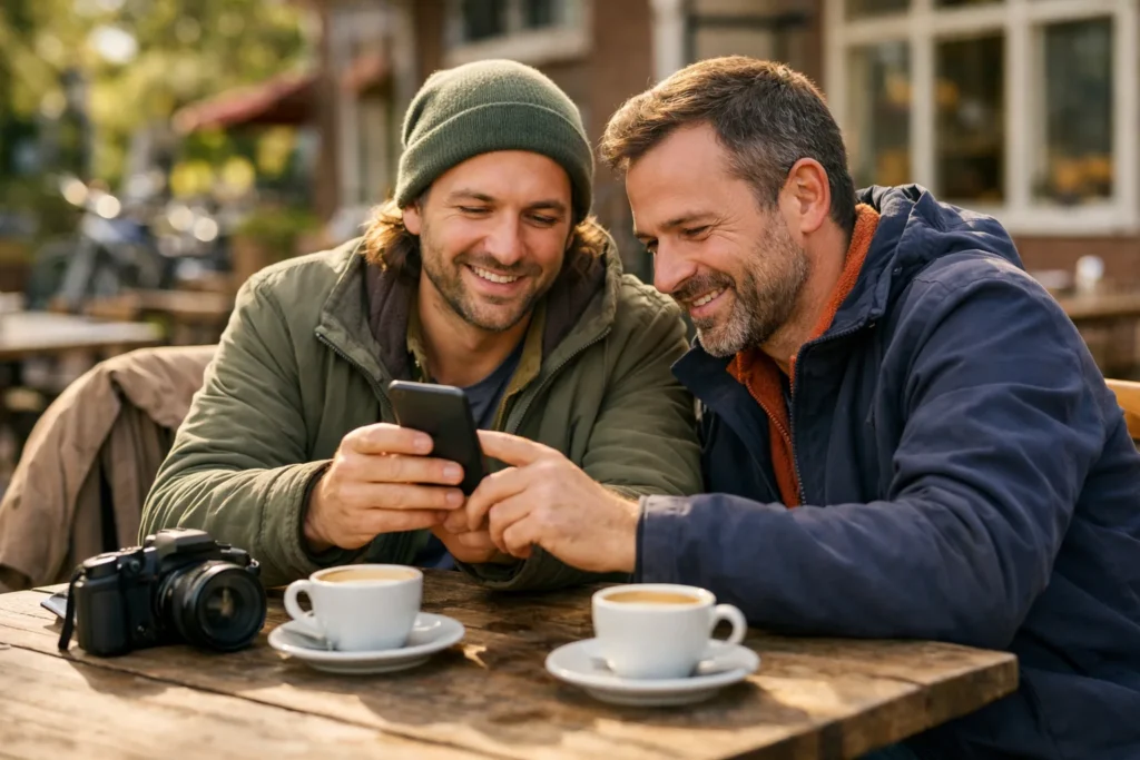 Zwei Freunde betrachten gemeinsam ein Smartphone, um einen gemeinsamen Beitrag auf Instagram vorzubereiten.
