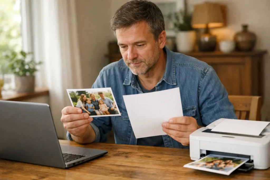Jemand betrachtet zu Hause ein ausgedrucktes Foto neben einem Laptop und Drucker.