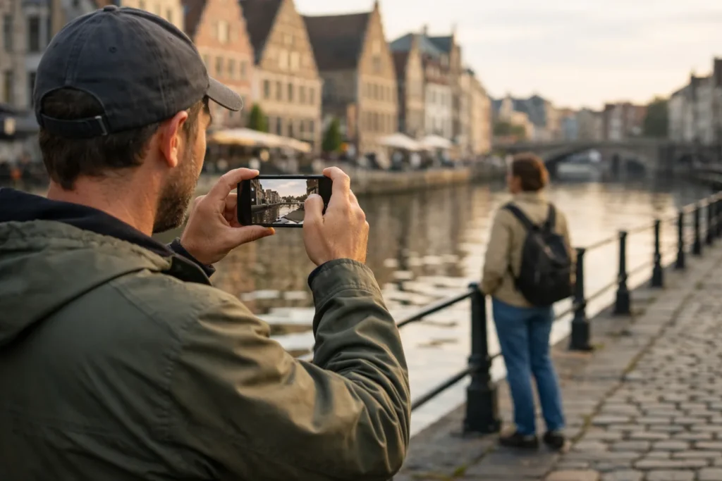 Eine spazierende Person filmt mit einem Telefon die Aussicht an einer Uferpromenade in Gent.