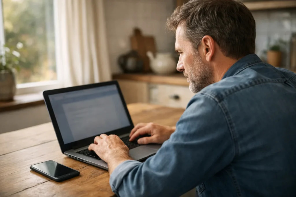 Person am Küchentisch, die versucht, über einen Laptop den Zugang zu einem Facebook Konto wiederherzustellen.