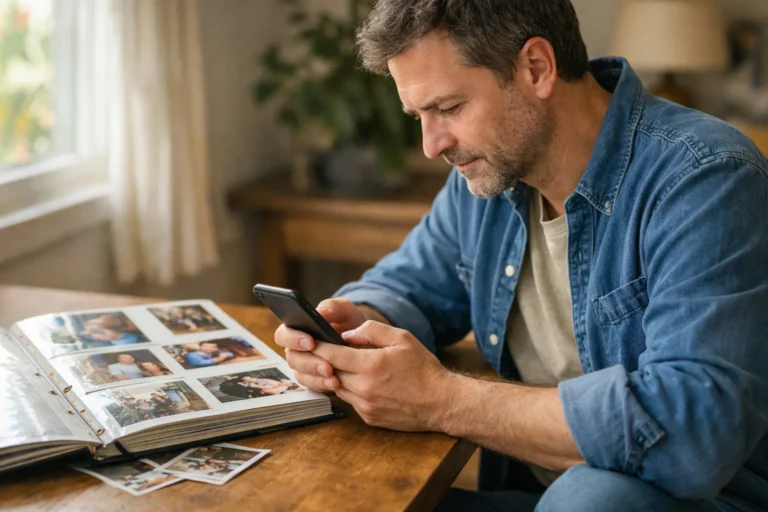 Person sucht auf einem Smartphone nach einem alten Foto, daneben liegt ein Fotoalbum auf dem Tisch.