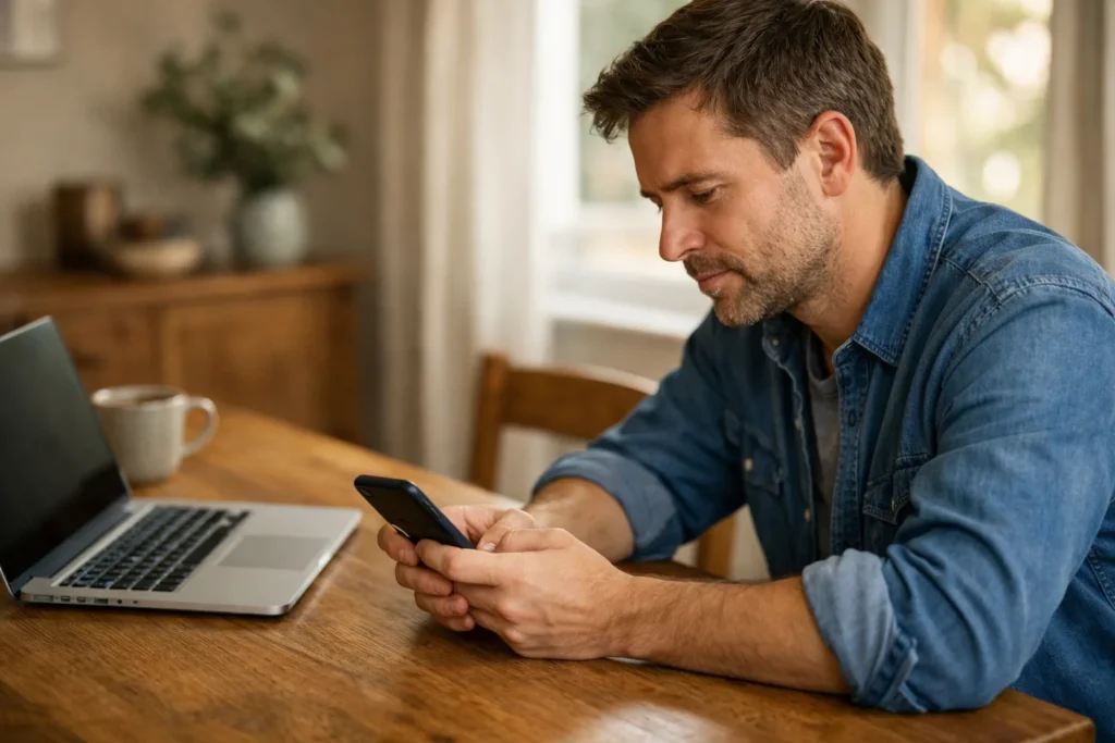 Person an einem Esstisch, die auf einem Smartphone nach einem gelöschten Video sucht