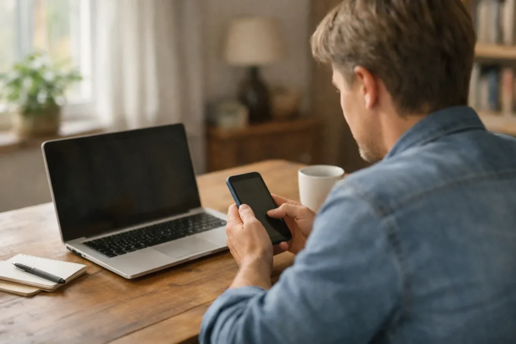 Person prüft ein Smartphone neben einem geöffneten Laptop, um wieder Zugriff auf Facebook zu erhalten.
