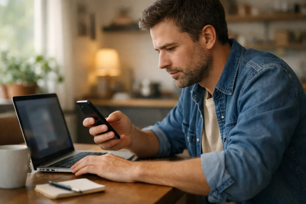 Person betrachtet ein Telefon neben einem geöffneten Laptop, um wieder Zugriff auf ein TikTok Konto zu erhalten.
