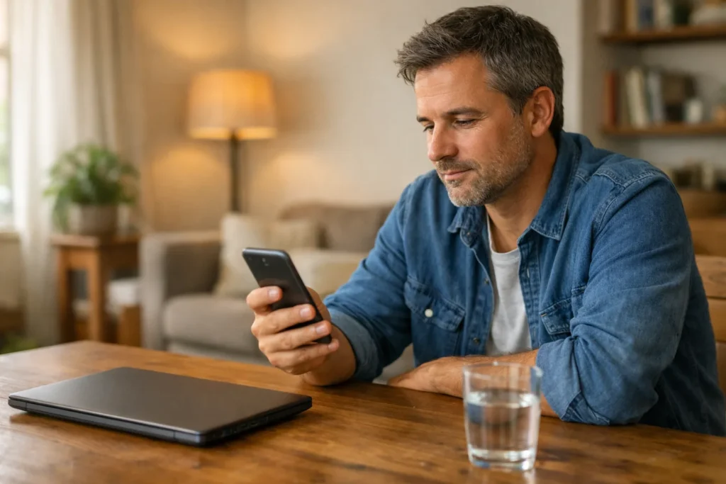 Eine Person betrachtet am Esstisch ein Smartphone, um ein Profilfoto zu verwalten.