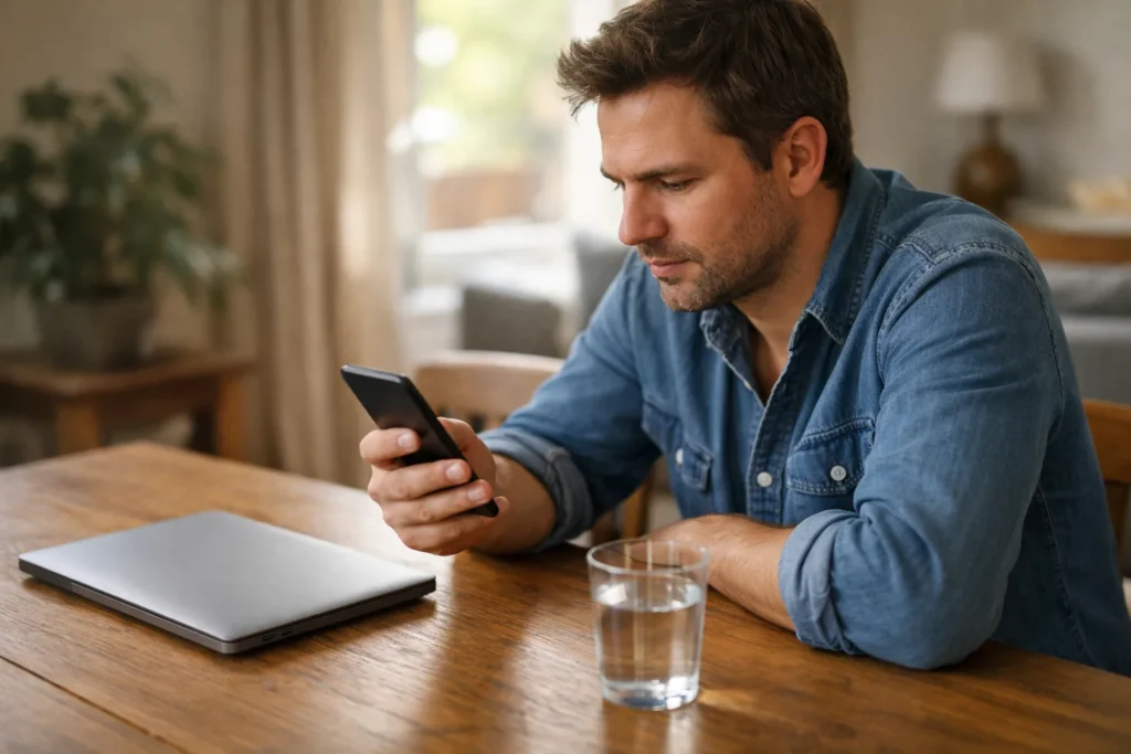 Person, die zu Hause auf einem Smartphone die Privatsphäre eines Facebook Profils überprüft