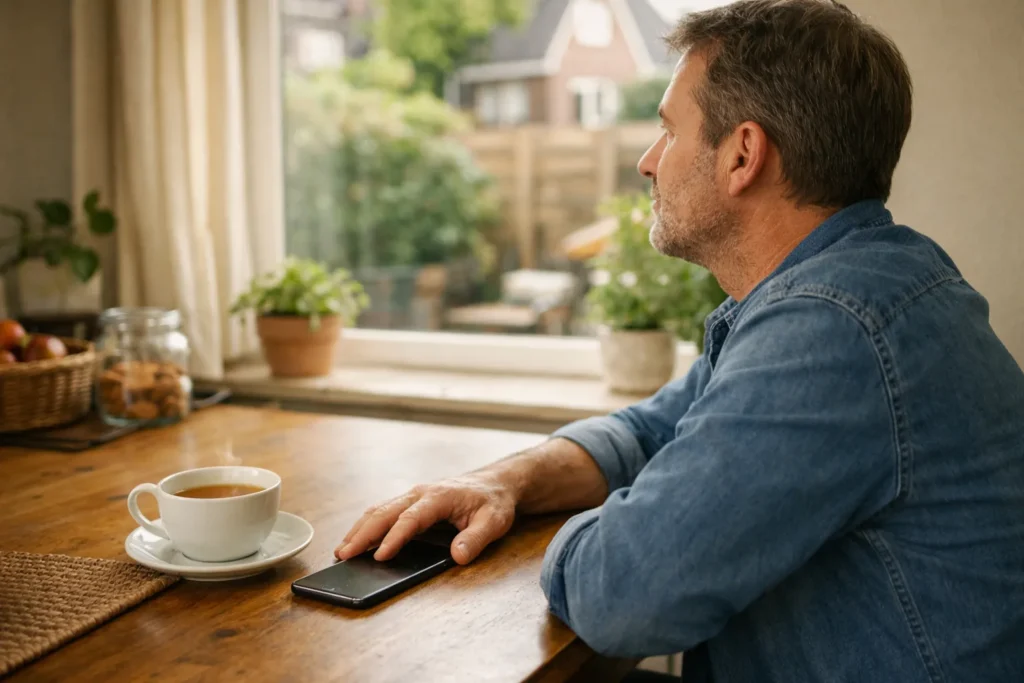 Eine Person legt zu Hause ein Telefon mit dem Bildschirm nach unten neben eine Tasse Tee.